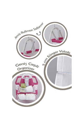 Chubby Baby İsme Özel Sallanır Beşik 5 CM Sünger Yataklı Organizerli Tüllü Cibinlikli Bebek Beşiği Pembe