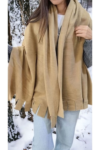Tezzgelsin Kadın Kışlık Püsküllü Polar Şal Camel