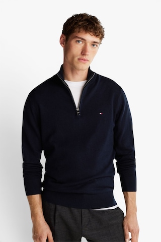Tommy Hilfiger Pıma Org Ctn Cashmere Zıp Mock Erkek Mavi Kazak - Mw0mw28049