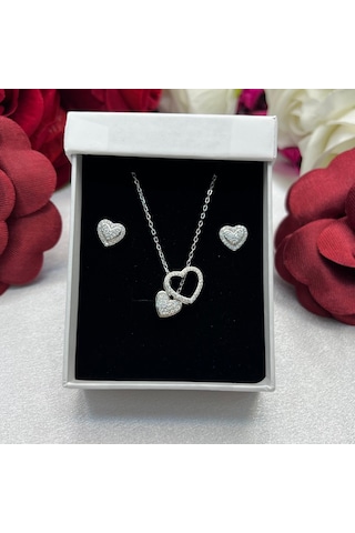 Açılabilir Kalp Kadın 2'li Seti 925 Ayar Gümüş Rodyumlu Zirkon Taşlı Gümüş