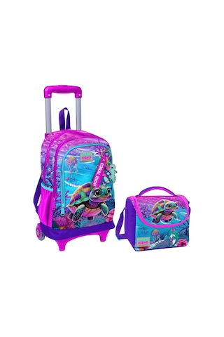 Coral High Pembe Mor Kaplumbağa Işıklı Tekerlekli Okul Çantası ve Beslenme Seti - Kız Çocuk