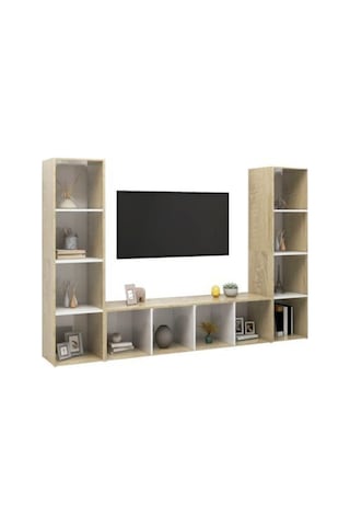 Er Kitaplıklı Televizyon Sehpası Ünitesi - Kitaplık-meşe Beyaz 180 Cm 12 Raflı Meşe - Beyaz