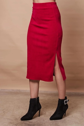 Kadın Fitilli Esnek Kadife Kumaş Yüksek Bel Yırtmaçlı Diz Altı Dar Kesim Kalem Etek Bluz Jument 20508 -şarap Şarap