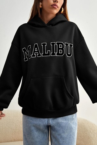 Malıbu Baskılı Oversize Sweatshirt Siyah