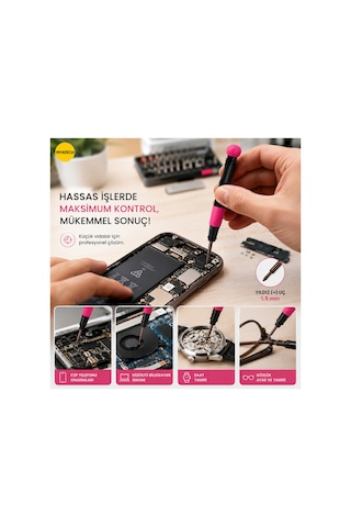 Profesyonel Hassas Cep Telefonu Tamir Tornavidası 1.5 Mm Yıldız + Uçlu 14 Cm No.671 Pembe Siyah