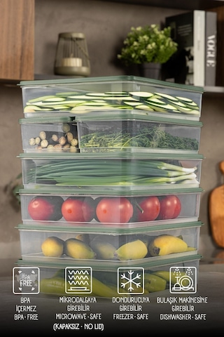 Vienev 7li Buzdolabı Dondurucu Organizer Ve Saklama Kabı Yeşil 5x 3,5lt 2x 1,65lt Yeşil