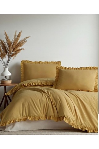 Oksit Sarı % 100 Pamuk Fırfırlı Keten Çift Kişilik Nevresim Takımı 200 X220 Sarı