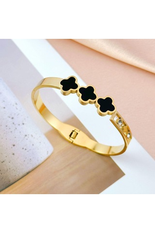 Altın Siyah Kabuk Üç Yonca Çim Kakma Pırlanta Titanyum Çelik İçi Boş Bileklik Altın