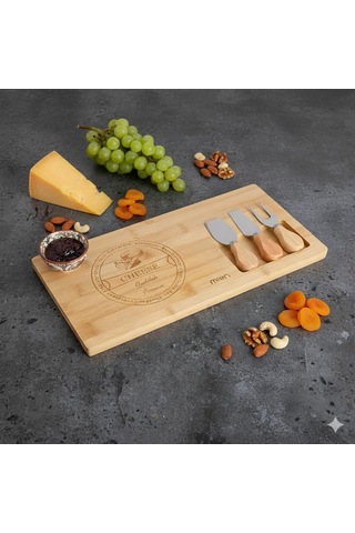 Bambu Peynir Sunum Tahtası Ve 3'lü Paslanmaz Çelik Bıçak Seti Şık Servis & Sunum 37x18x1,5cm Çok Renkli