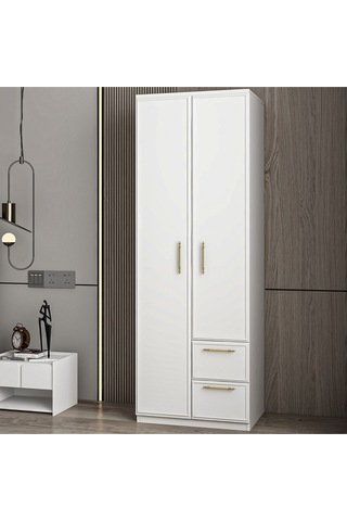 Vespera Çıta Detaylı, 2 Kapaklı, Çekmeceli Gardırop Beyaz, 60 Cm
