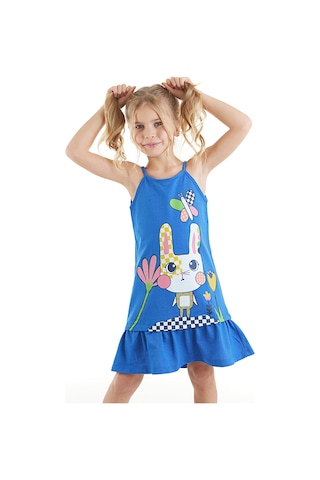 Denokids Damalı Tavşan Kız Çocuk Elbise Mavi