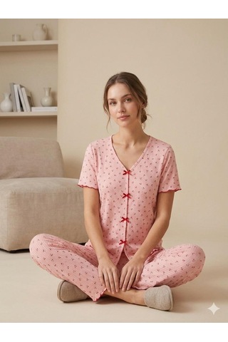 Sleeproom Yazlık Pembe Kiraz Desenli Kısa Kol Penye %100 Pamuk Pijama Takım Pembe Kırmızı Kiraz