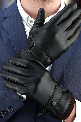 Erkek Kalın İçi Polar Lüks Model Kalın Deri Eldiven Kar Eldiveni Siyah