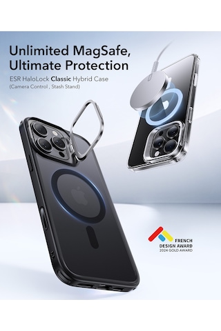Esr Apple Uyumlu iPhone 16 Pro Max Halolock Mag Safe Classic Hybrid Stantlı Silikon Kılıf - Kamera Kontrol Buton Buzlu Siyah