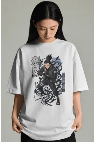 Unisex Oversize Shikamaru Nara Naruto Anime Karakter Ön Baskılı P Beyaz