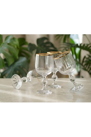 Alfafe Home Bohemia Kristal Optik Kadeh Seti 6 Lı Gerçek Altın Yaldız Ağızlı Şık Cam Kadeh Altın