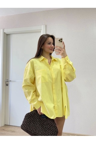 Defymoda Yakalı Yandan Yırtmaçlı Gömlek - Sarı Sarı