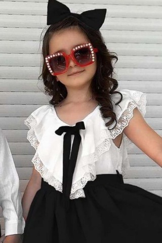 Riccotarz Kız Çocuk V Yaka Omuzları Ve Etek Ucu Dantel İşlemeli Siyah Elbise Siyah