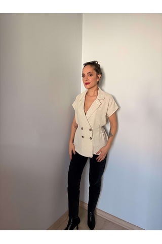 Ali Butik Naturel Renk Kruvaze Keten Yelek Naturel
