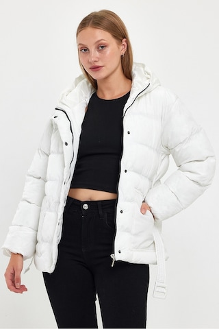 Alisse-kadın Ekru Kapüşonlu Kemerli Şişme Mont Kaban Ekru