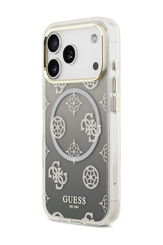 Apple Uyumlu iPhone 17 Pro Kılıf Guess Lisanslı M-safe Özellikli Simli Peony Desenli Silikon Kapak Siyah Siyah
