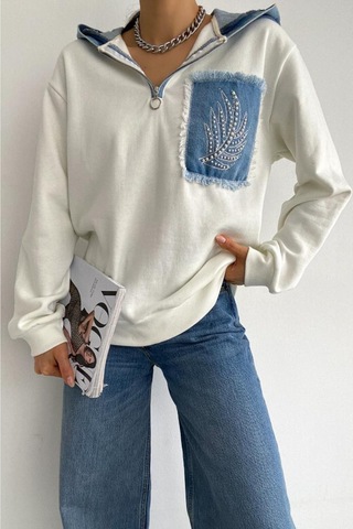Femelle Kadın Yeni Sezon Inci Zımbalı Kot Detaylı Kapüşonlu Oversize Sweatshirt Ekru