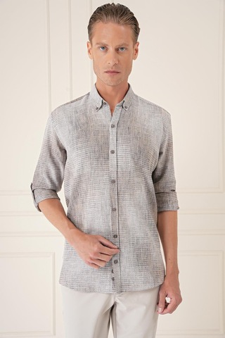 Efor Comfort Fit Batik Desen %100 Keten Bej Gömlek G 1571 Bej