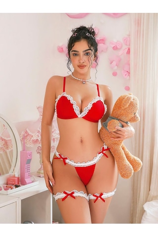 Selveta Dantel Detaylı Fantezi Üçlü Lingerie Fantezi Seti Kırmızı