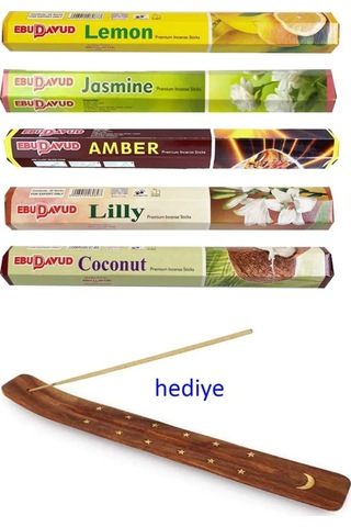 Tedar 5 Paket 20 Çubuklu Tütsü Lemon - Amber - Lilly- Jasmine - Coconut - Kayık Hediyeli Najmaddin