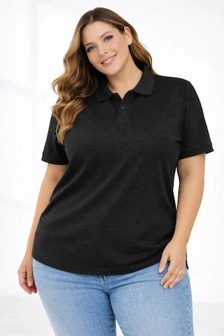 Buğrahayalin Pike Kumaş Düğmeli Yaka Battal Büyük Beden Günlük Kısa Kol Tişört T-shirt - Siyah Siyah