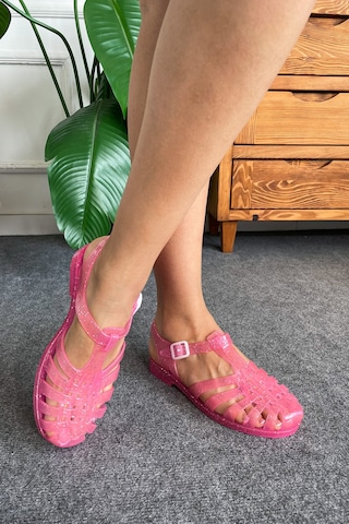 Ruby Simli Pembe Kemer Detay Kadın Sandalet Simli Pembe