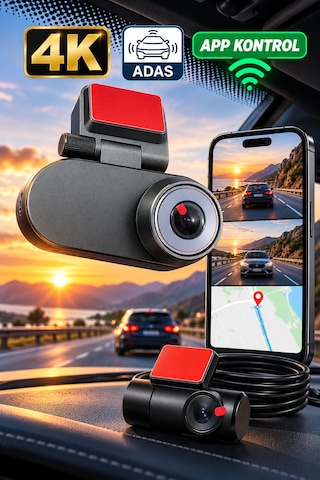 4k Yapay Zekâ Destekli Ön Arka Araç Kamerası + 24 Saat Park Kayıt Kiti Hediye, Wifi, Gece Görüşü-15117