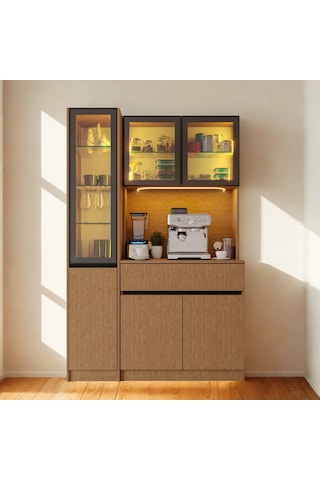 Nordıc Wood Led Li Kahve Köşesi Ünitesi Sol Vitrinli Füme Cam Komple Mdf Modern Mutfak Dolabı Kahverengi