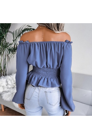 İlkbahar Ve Sonbahar Kadın Bluz Uzun Kollu Seksi Tek Boyun Straplez Hem Fırfır Şifon Bluz Tops Şarap Kırmızısı