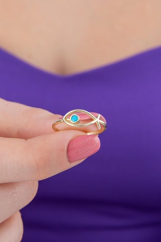 14 Ayar Altın Büyük Firuze Taş Detaylı Balık Yüzük Pembe Altın