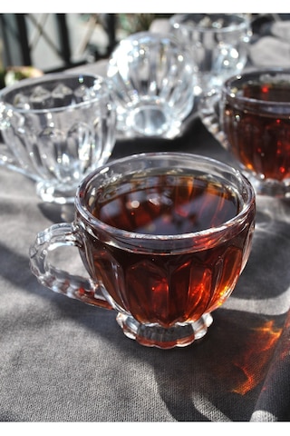 4'lü Cam Çay Bardağı Kulplu Ayaklı Çay Kupa Bardak 205 Ml- Mercan Şeffaf