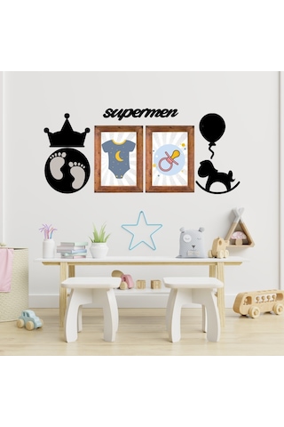 Deco103 Supermen Dekoratif Duvar Süsü Tablo Aksesuar Ahşap Tasarım Hediye Pano Sticker Seti