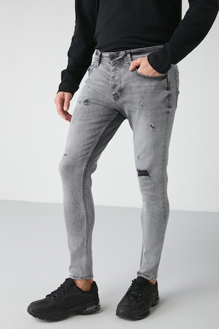 Grimelange GRIMELANGE Johen Erkek Skinny Fit Yıpratmalı Esnek Yapılı Kalın Dokulu Denim Kot Açık Gri Jeans Açık Gri