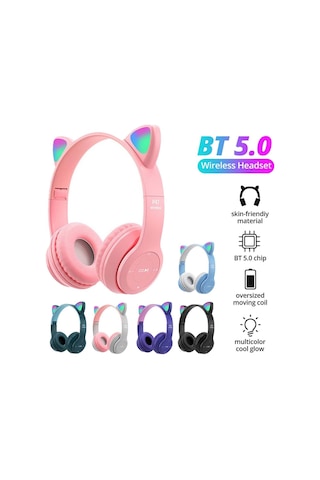 P47m Kedi Kulaklı Bluetooth Kulaklık Rgb Led Işıklı Kablosuz Kulaküstü Şarjlı Kulaklık Hafıza Kartı Ve Aux Girişli Mikrofonlu Kulaklık