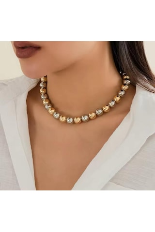 Premium Parlak Ve Şık İkili Tonlu Parlak Boncuk 316l Çelik Kadın Kolye 45cm Altın - Gümüş