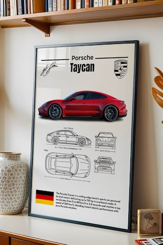 Porsche Taycan Tablo - Teknik Özellikli Elektrikli Spor Araba Poster - Çerçeveli Duvar Dekoru Siyah