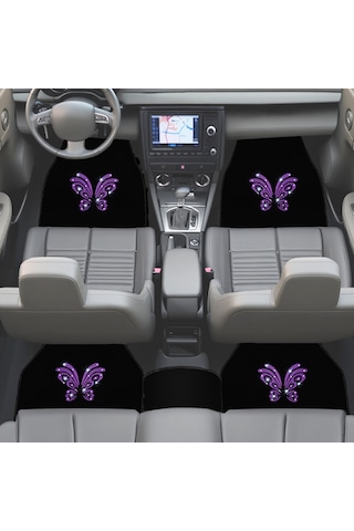 Kadın Sürücülere Özel: Mor Kelebek Zarafeti & Taşlı Siyah Oto Halı Paspas Seti 5 Parça Nakışlı