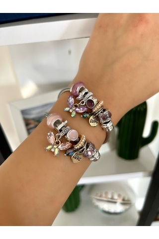 Su Perisi Takı Bijuteri Çelik Kelebek Detaylı Bileklik Pembe