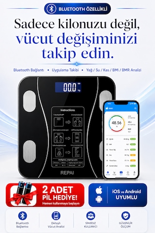 Proscale Bluetooth Akıllı Baskül Vücut Analizli Yağ Su Kas Bmı Bmr Ölçer Dijital Tartı