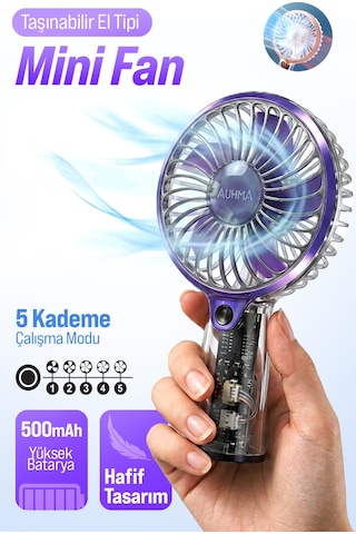 Auhma Aufn04 Taşınabilir Mini El Fanı Mor Şarjlı, Sessiz, 500mah Type-c Kablosuz Mini Fan