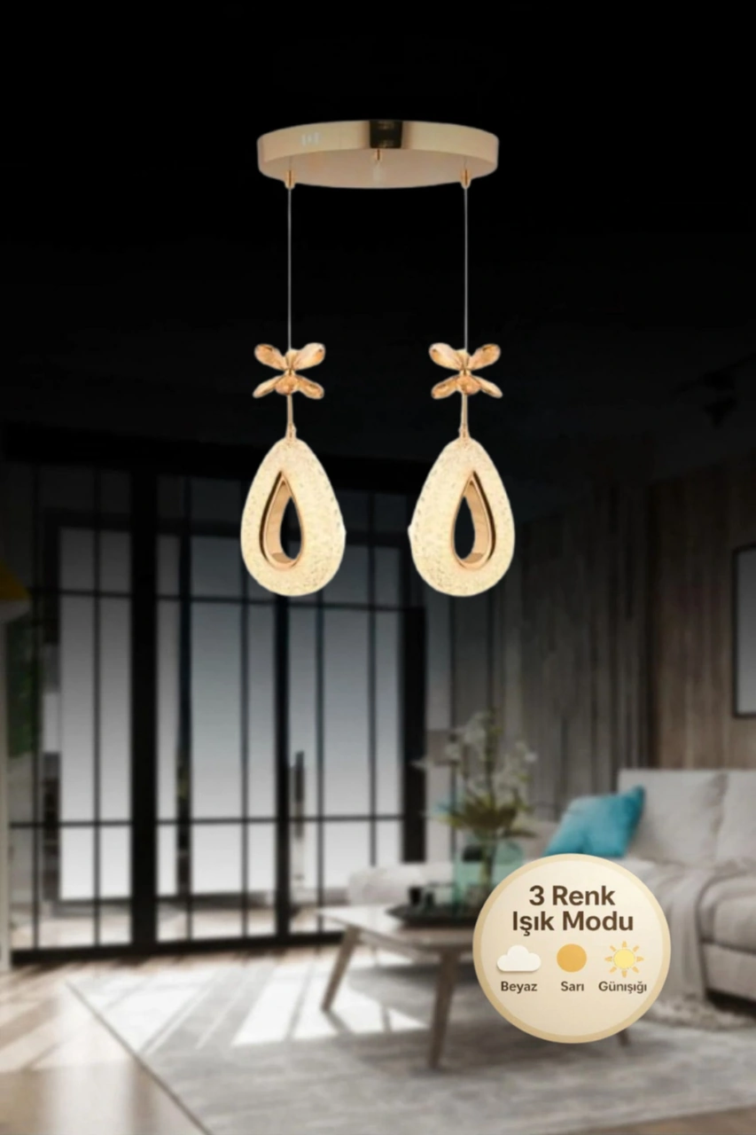 Damla Model 2'li Gold 3 Renk Modu Ledli Kristal Taşlı Modern Salon Mutfak Oturma Odası Led Avize Metalik
