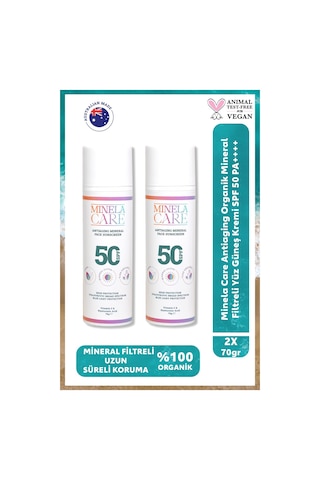 Minelacare Antiaging 100% Organik Mineral Filtreli Yüksek Korumalı Yüz Güneş Kremi Spf50 2x70gr
