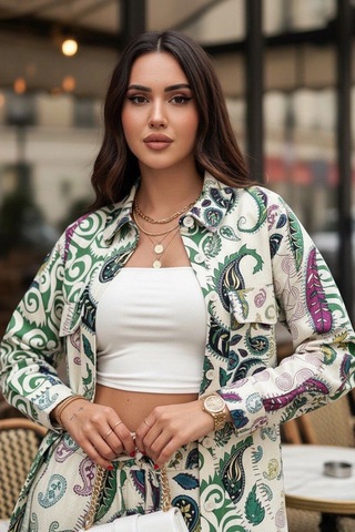 Etnik Desen Baskılı Keten Takım Yeşil Yeşil