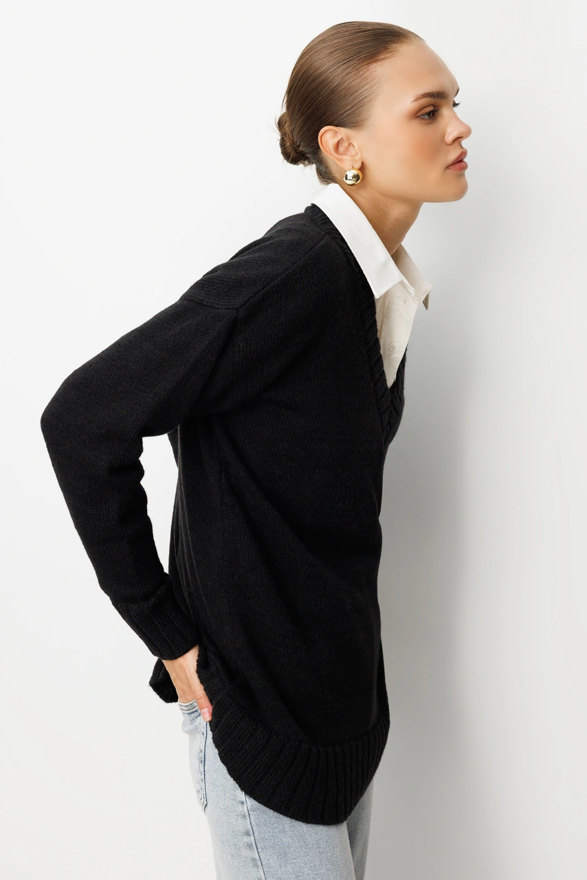 Mizalle V Yaka Oversize Siyah Triko Kazak Siyah