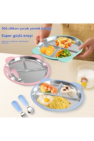 Jianfan Çıkarılabiler Vakumlu Mama Tabağı 304 Çelik Bölmeli Silikon Çocuk Tabağı Hafif Toz Pembe